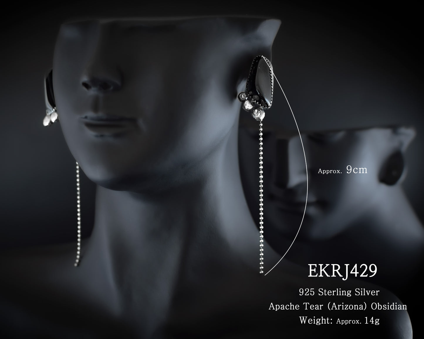 EKRJ429 Black Obsidian One-of-a-kind Handmade Long Drop Silver Earrings