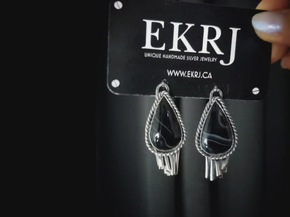EKRJ457 Black Onyx and Silver Ruffle Lace Handmade Earrings.