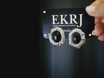 EKRJ32 Black Onyx One-of-a-kind Silver Art Bold Stud Earrings