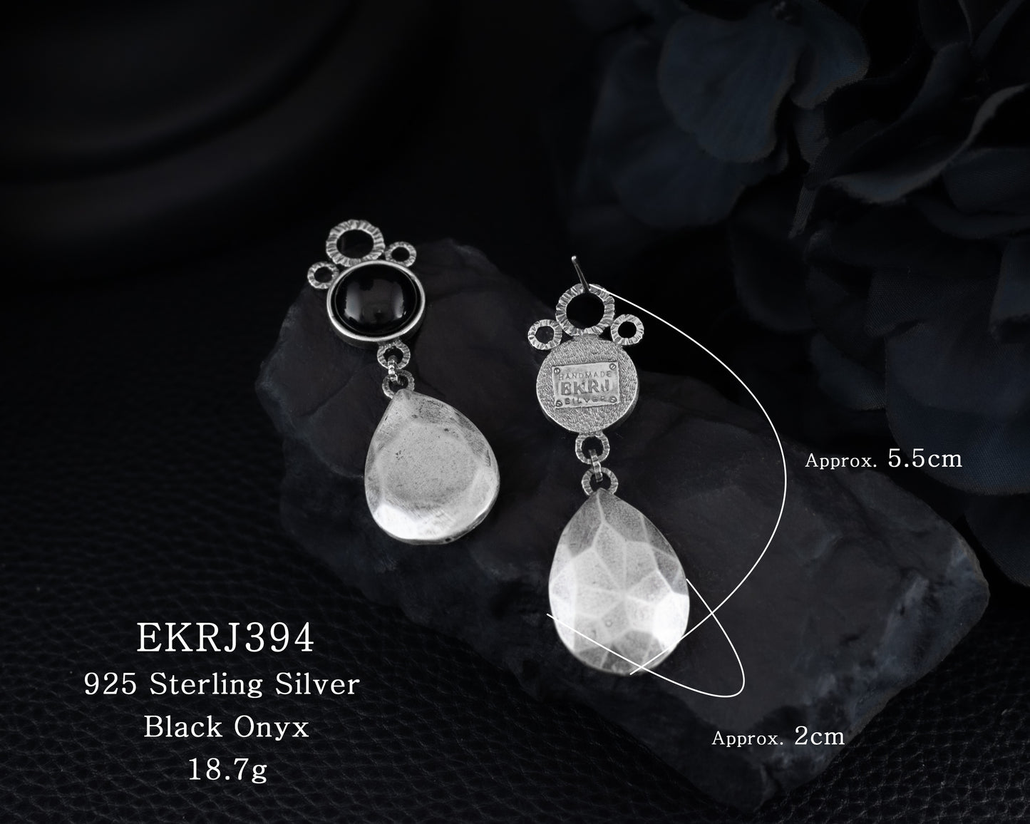 EKRJ394_Black Onyx Tear Drop Unique Handmade Silver Earrings