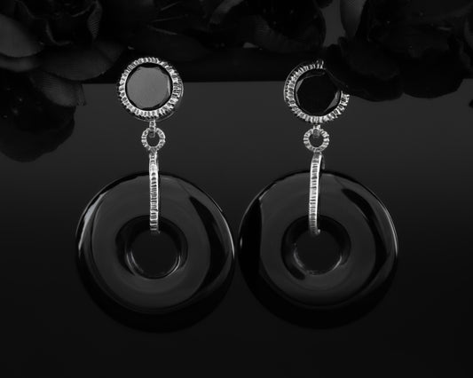 EKRJ398 Black Onyx Bold Ring Shape Handmade Silver Earrings