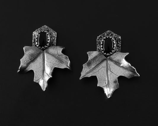 EKRJ435 Maple Leaves Black Onyx One-Of-A-Kind Silver Earrings