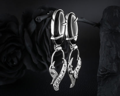 EKRJ456 Black Onyx Long Drop One-of-a-kind Silver Bold Earrings