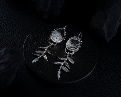 EKRJ461 Snowy Night Long Drop Leaves One-of-a kind Handmade Bold Earrings