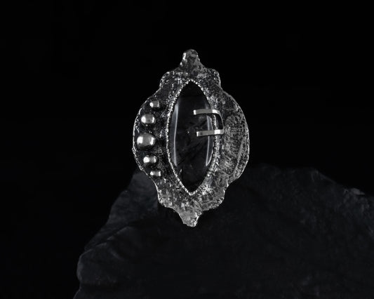 EKRJ483_Size 7_ Navette Shape Black Rutilated Quartz Silver Ring
