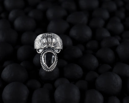 EKRJ484_ Size6 Crown Fabric Texture Black Onyx Unique Handmade Silver Ring