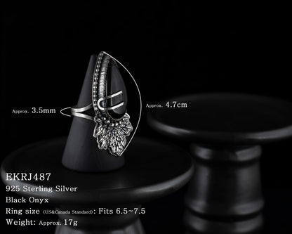 EKRJ487_Size7_Tear Shape Black Onyx & leaf One-of-a-kind silver Ring