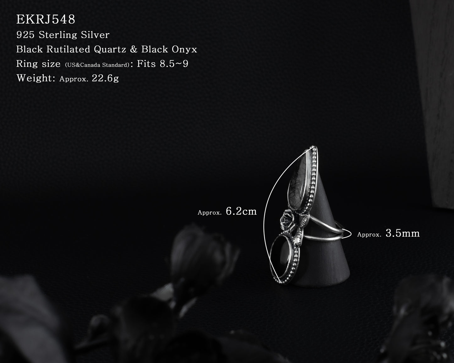 EKRJ548_Size8.5~9_Black Onyx & Black Rutilated Quartz Rose Bold Silver Ring