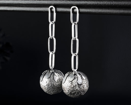 EKRJ553 Fabric Texture Silver Ball Unique Bold Earrings