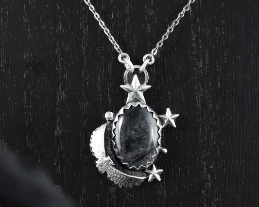 EKRJ562 Black Rutilated Quartz, Night Owl, Star, One-of-a kind Silver Necklace