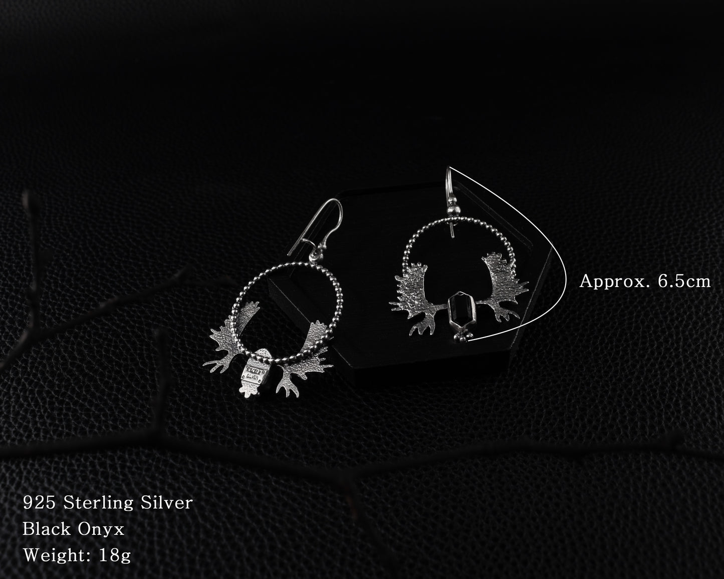 EKRJ567 Antlers Black Onyx Silver Unique Earrings
