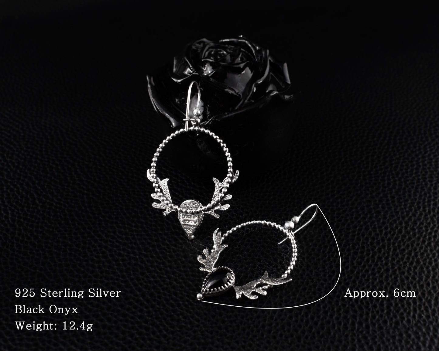 EKRJ568_Antlers Black Onyx Silver Unique Earrings