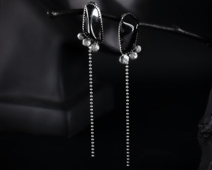 EKRJ429 Black Obsidian One-of-a-kind Handmade Long Drop Silver Earrings
