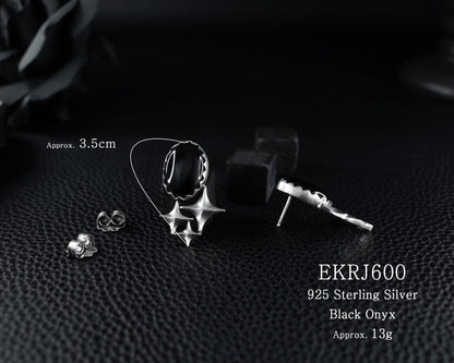EKRJ600_Black Onyx Galaxy Triple Twinkle Star Handmade Silver Earrings