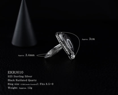 EKRJ610_Fits 8.5~9_Black Rutilated Quartz Rose Silver Ring