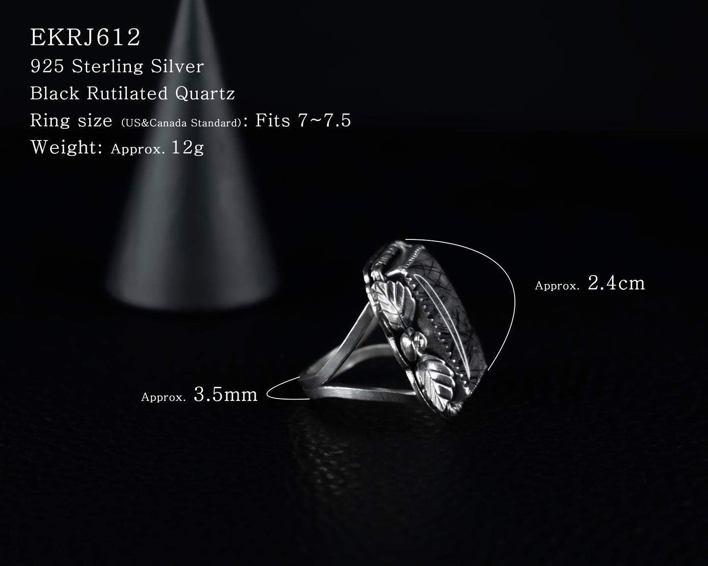 EKRJ612_Fits 7~7.5_Black Rutilated Quartz Rose Silver Ring