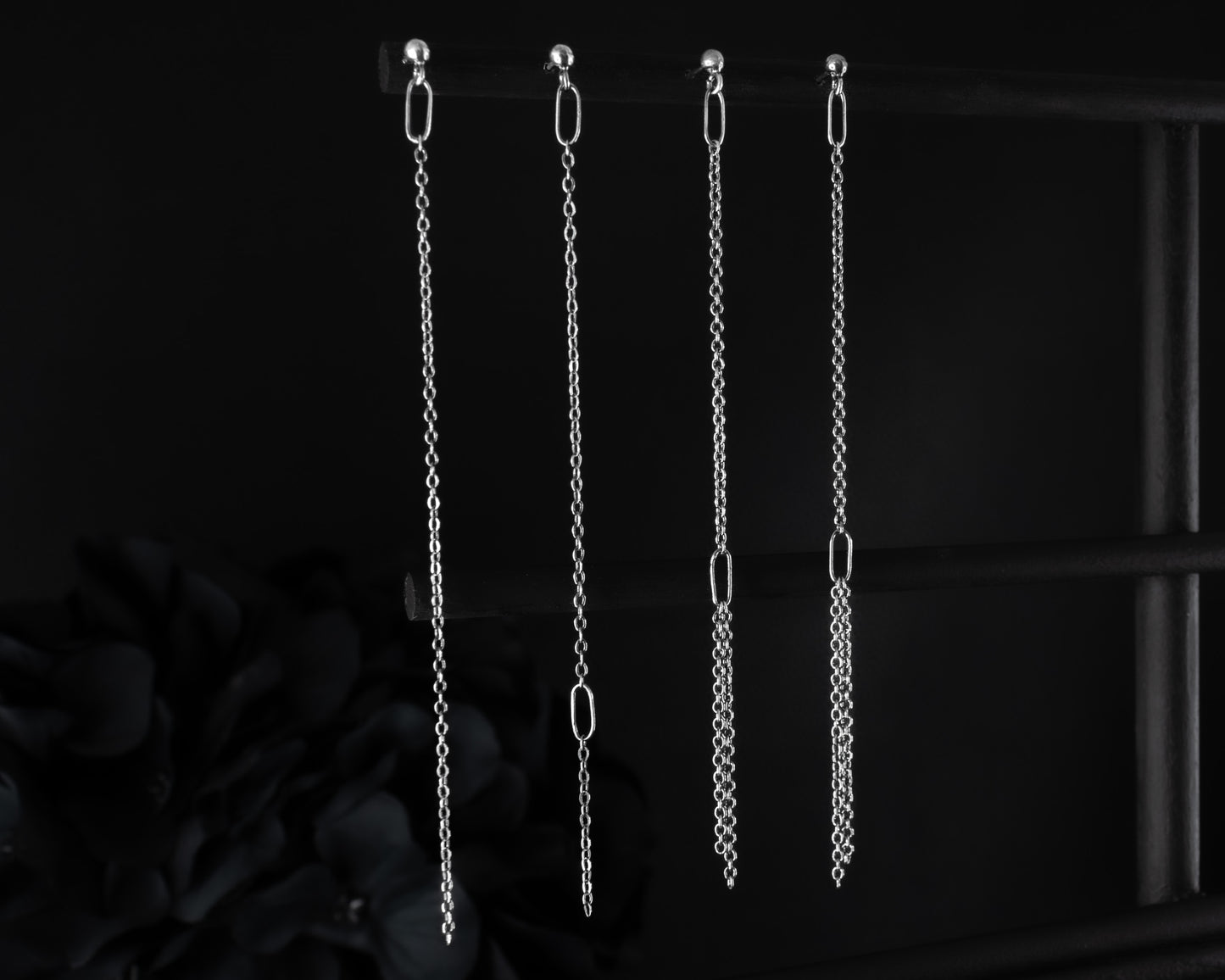 EKRJ616  Thin chain long drop handmade silver earrings