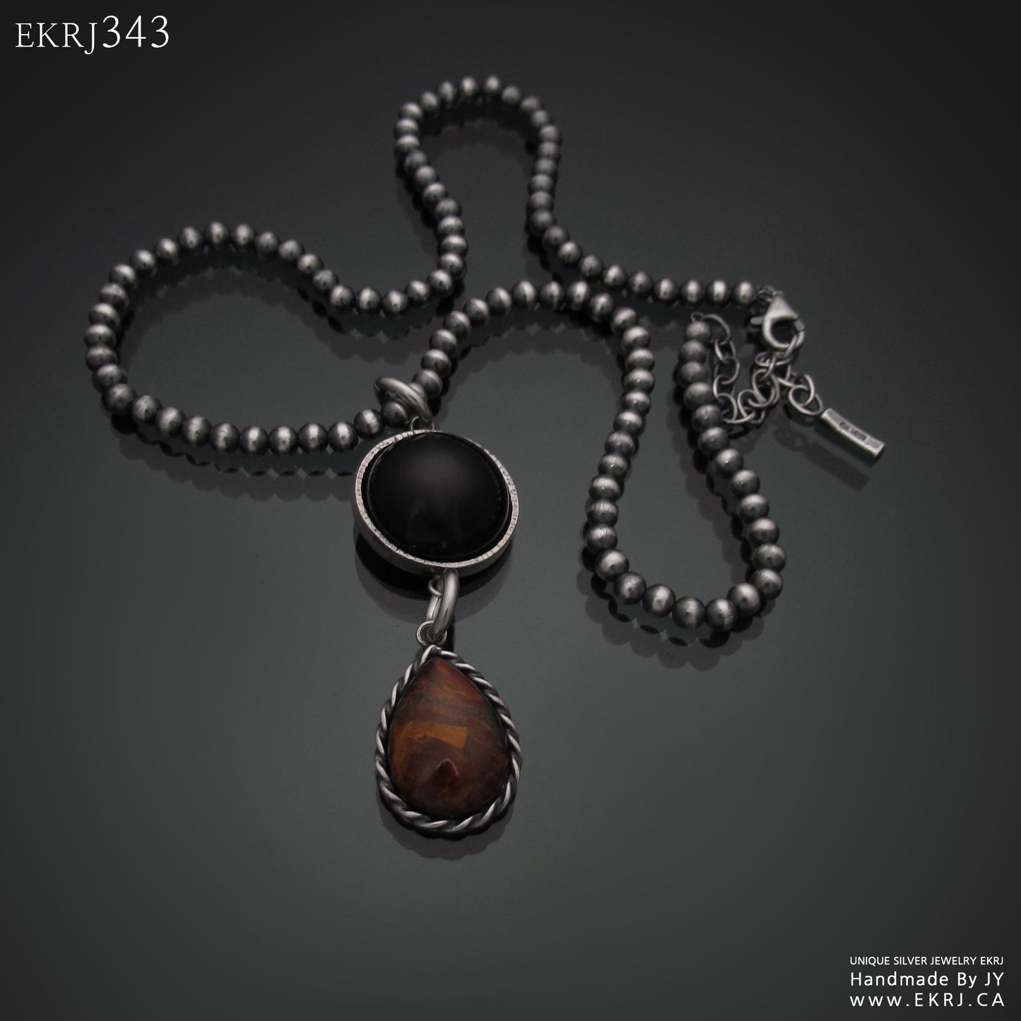 EKRJ343_Black Onix & Pietersite Handmade Silver Necklace