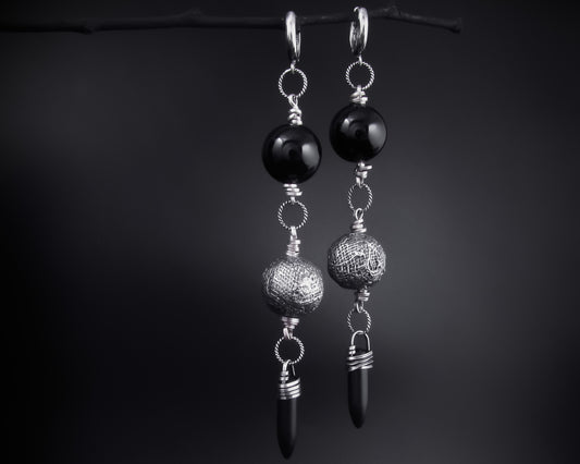 EKRJ396 Black Onyx &  Fabric Texture Ball One-of-a kind Long Drop Handmade Silver Earrings