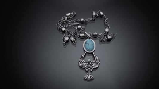 EKRJ342_ Natural Turquoise Stone + Silver Necklace